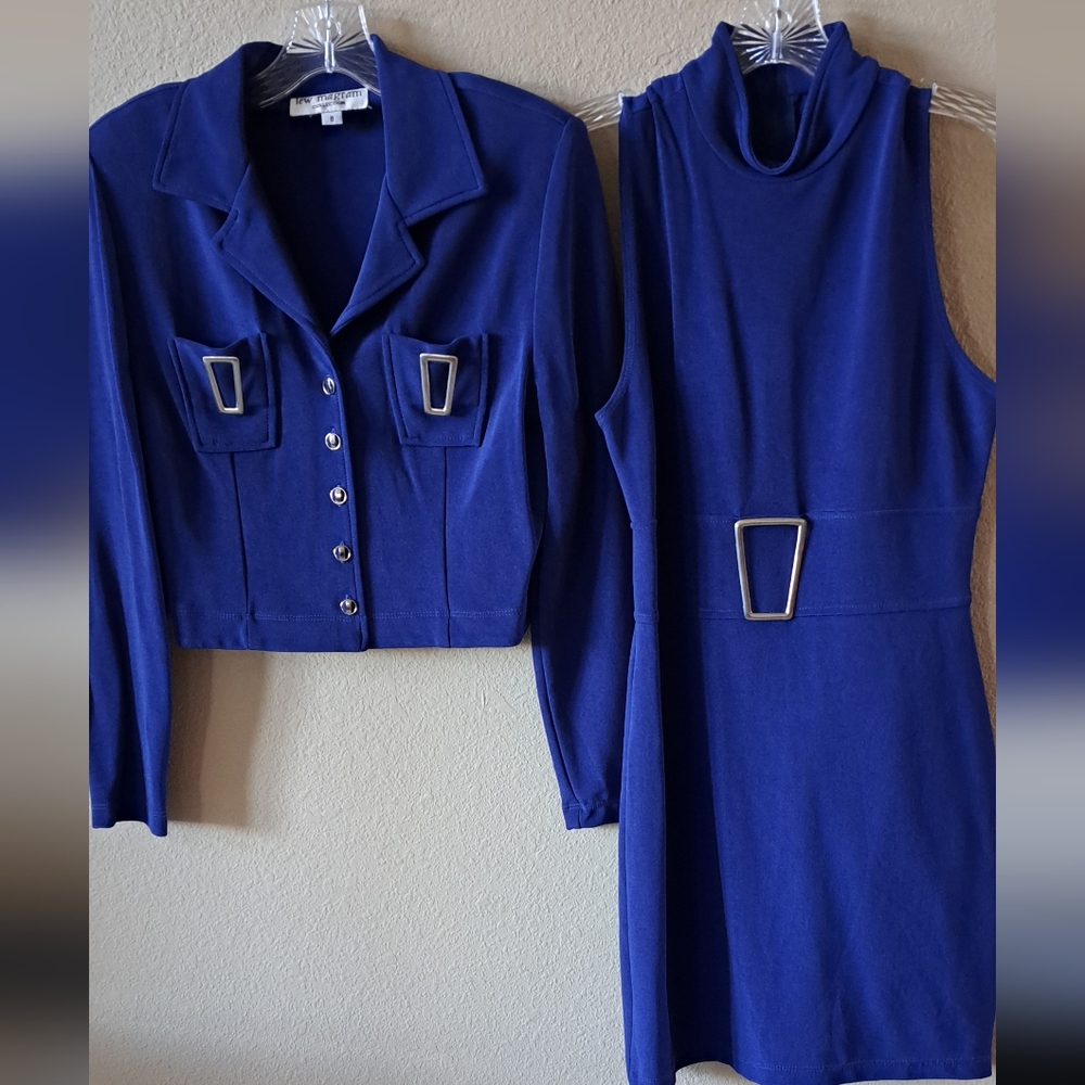 Lew Magram Collection royal blue dress and jacket with silver buttons, size 8